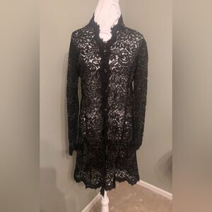 Josie Natori European Black Lace Beaded Cardigan Tunic Size 6
